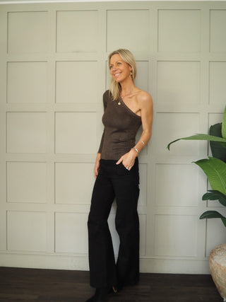 Dagny Shimmer One Shoulder Ribbed Top By Saint Tropez - Chocolate/Gold Lurex