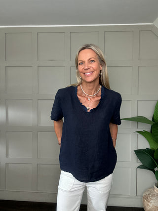 Thorney Linen T Shirt with Ruffle V Neckline - Coral, Navy Blue, Pink