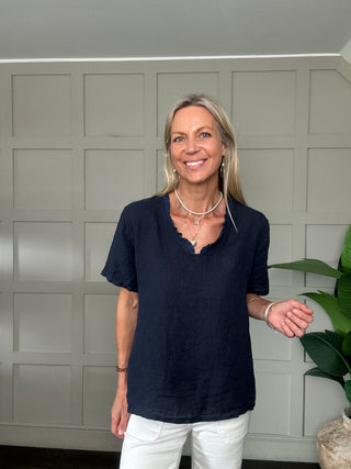 Thorney Linen T Shirt with Ruffle V Neckline - Coral, Navy Blue, Pink