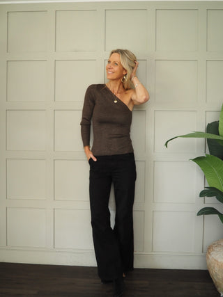 Dagny Shimmer One Shoulder Ribbed Top By Saint Tropez - Chocolate/Gold Lurex