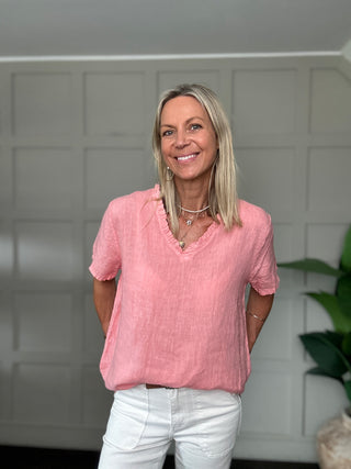 Thorney Linen T Shirt with Ruffle V Neckline - Coral, Navy Blue, Pink