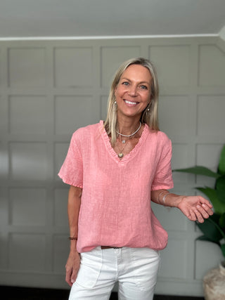Thorney Linen T Shirt with Ruffle V Neckline - Coral, Navy Blue, Pink