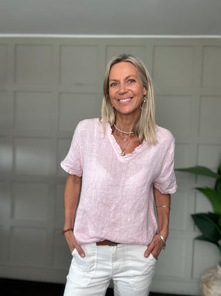 Thorney Linen T Shirt with Ruffle V Neckline - Coral, Navy Blue, Pink