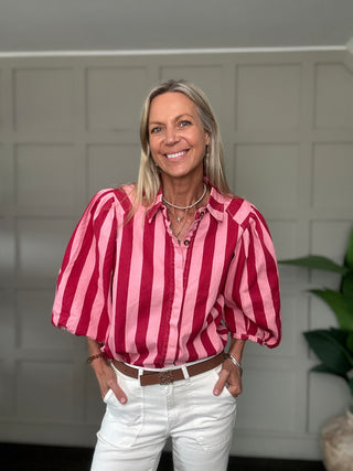 Anna Stripe Denim Shirt - Pink/Red
