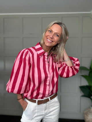 Anna Stripe Denim Shirt - Pink/Red