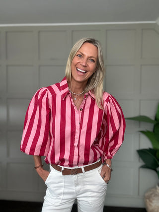 Anna Stripe Denim Shirt - Pink/Red