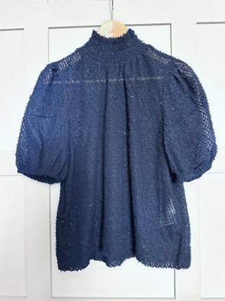 Helma Short Sleeve Blouse with Elasticated High Neck By Saint Tropez - Ecru, Navy Blue