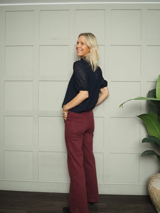 Helma Short Sleeve Blouse with Elasticated High Neck By Saint Tropez - Ecru, Navy Blue