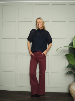 Helma Short Sleeve Blouse with Elasticated High Neck By Saint Tropez - Ecru, Navy Blue