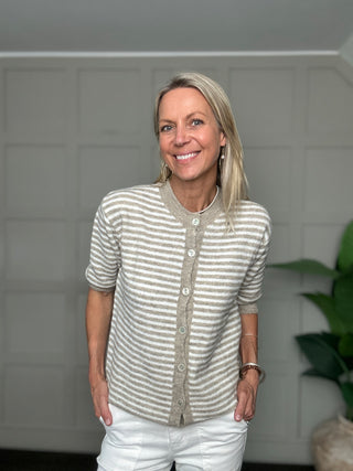 Georgina Stripe Cardigan with Cropped Sleeves - Denim Blue, Khaki, Oatmeal