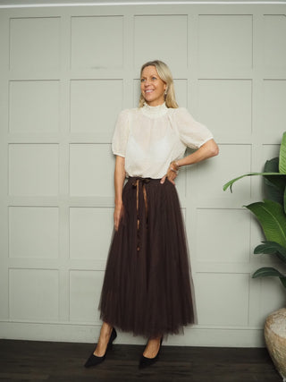 Helma Short Sleeve Blouse with Elasticated High Neck By Saint Tropez - Ecru, Navy Blue