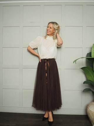 Helma Short Sleeve Blouse with Elasticated High Neck By Saint Tropez - Ecru, Navy Blue