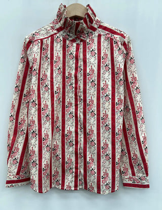 Rosy Floral Print Blouse with High Ruffle Collar  - Red/Ecru