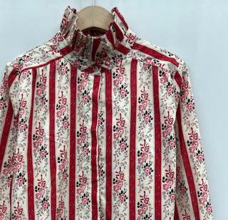 Rosy Floral Print Blouse with High Ruffle Collar  - Red/Ecru
