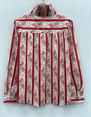 Rosy Floral Print Blouse with High Ruffle Collar  - Red/Ecru