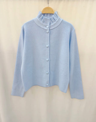 Parson Cardigan with Pleated Collar - Baby Blue Ivory, Navy Blue, Pink