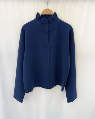 Parson Cardigan with Pleated Collar - Baby Blue Ivory, Navy Blue, Pink