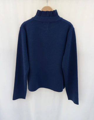 Parson Cardigan with Pleated Collar - Baby Blue Ivory, Navy Blue, Pink