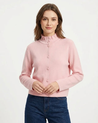 Parson Cardigan with Pleated Collar - Baby Blue Ivory, Navy Blue, Pink