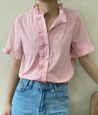 Nightingale Striped Short Sleeve Blouse with Ruffle Details  - Pink