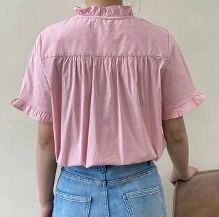 Nightingale Striped Short Sleeve Blouse with Ruffle Details  - Pink