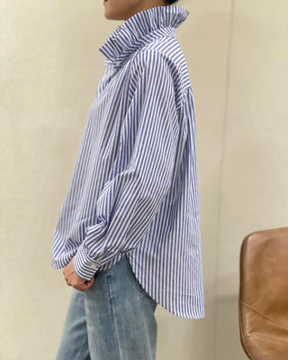 Flora Striped Blouse with High Ruffle Collar  - Blue, Khaki, Pink
