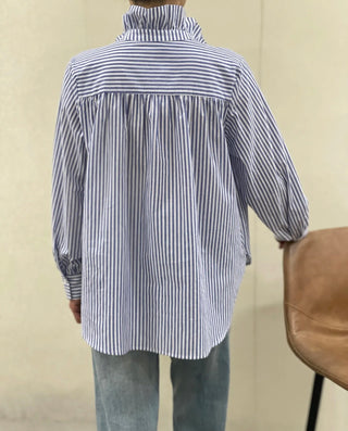 Flora Striped Blouse with High Ruffle Collar  - Blue, Khaki, Pink