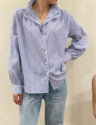 Flora Striped Blouse with High Ruffle Collar  - Blue, Khaki, Pink