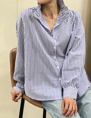 Flora Striped Blouse with High Ruffle Collar  - Blue, Khaki, Pink