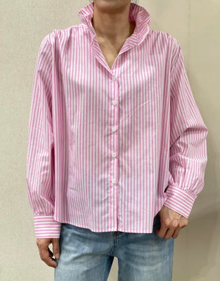 Flora Striped Blouse with High Ruffle Collar  - Blue, Khaki, Pink