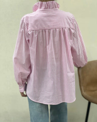 Flora Striped Blouse with High Ruffle Collar  - Blue, Khaki, Pink