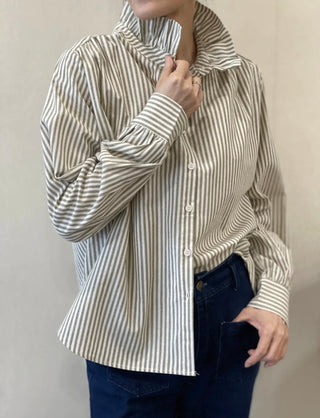 Flora Striped Blouse with High Ruffle Collar  - Blue, Khaki, Pink