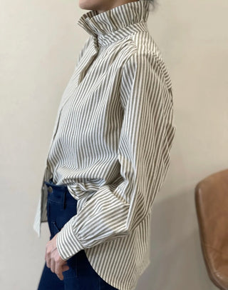 Flora Striped Blouse with High Ruffle Collar  - Blue, Khaki, Pink