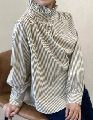 Flora Striped Blouse with High Ruffle Collar  - Blue, Khaki, Pink