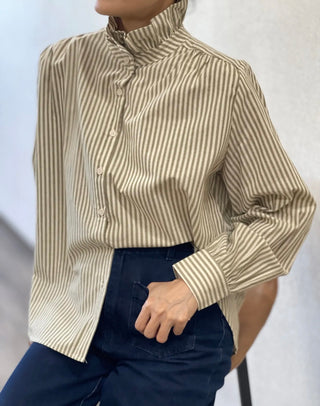 Flora Striped Blouse with High Ruffle Collar  - Blue, Khaki, Pink