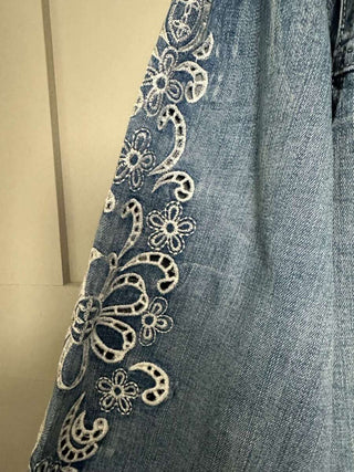 Mira Denim Jacket with ‘Cut-Out’ Embroidered Balloon Sleeves &amp; Front Button Fastening - Mid Blue