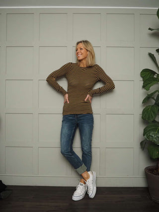 Mietta Stripey Fine Knit top - Camel and Ecru