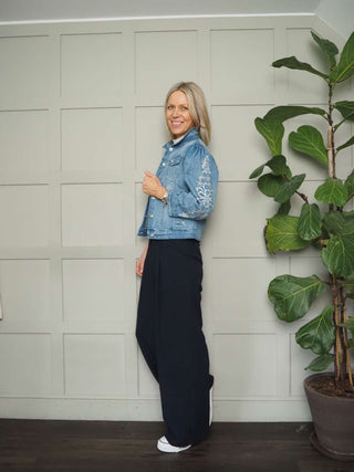 Mira Denim Jacket with ‘Cut-Out’ Embroidered Balloon Sleeves &amp; Front Button Fastening - Mid Blue