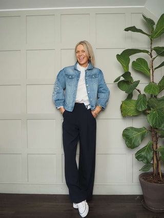 Mira Denim Jacket with ‘Cut-Out’ Embroidered Balloon Sleeves &amp; Front Button Fastening - Mid Blue