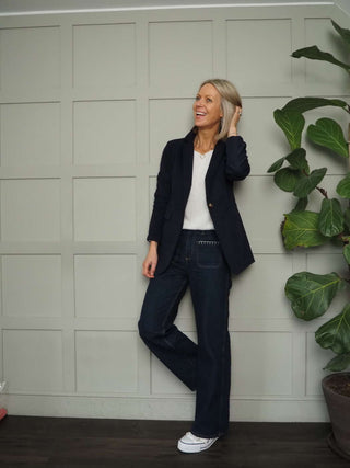 Audri Single-Breasted, Corduroy Style Blazer with Pockets -  Black, Navy Blue