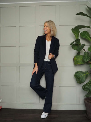 Audri Single-Breasted, Corduroy Style Blazer with Pockets -  Black, Navy Blue
