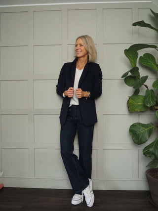 Audri Single-Breasted, Corduroy Style Blazer with Pockets -  Black, Navy Blue