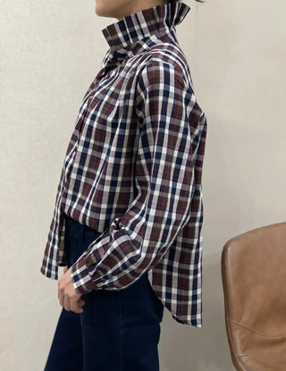 Rigby Check Blouse with Pleated Collar - Burgundy/Ecru/Navy