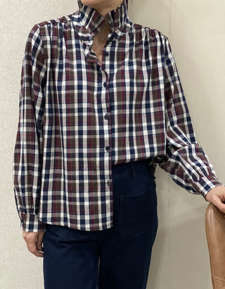 Rigby Check Blouse with Pleated Collar - Burgundy/Ecru/Navy