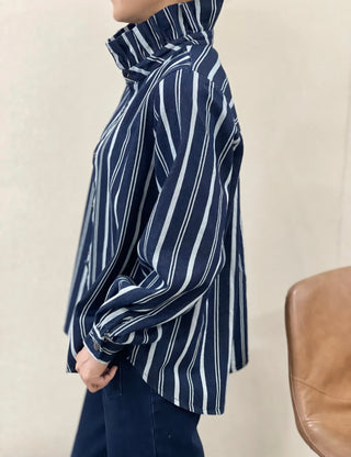 Heron Stripe Denim Shirt/Shacket with High Ruffle Collar - Navy Blue/Light Blue