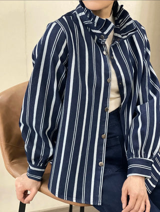 Heron Stripe Denim Shirt/Shacket with High Ruffle Collar - Navy Blue/Light Blue