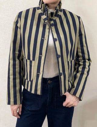 Hyde Stripe Quilted Jacket with Pleated Collar - Chocolate, Navy
