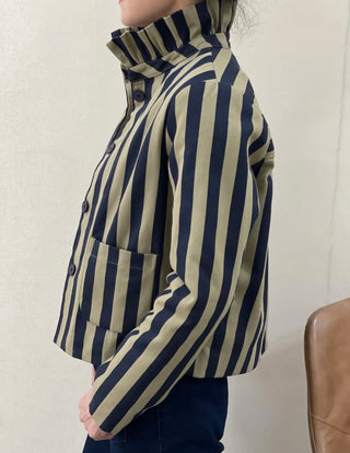 Hyde Stripe Quilted Jacket with Pleated Collar - Chocolate, Navy