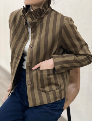 Hyde Stripe Quilted Jacket with Pleated Collar - Chocolate, Navy