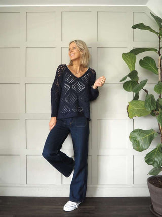 Loubee V-Neck, 3/4 Sleeve, Diamond Knit Jumper - Khaki